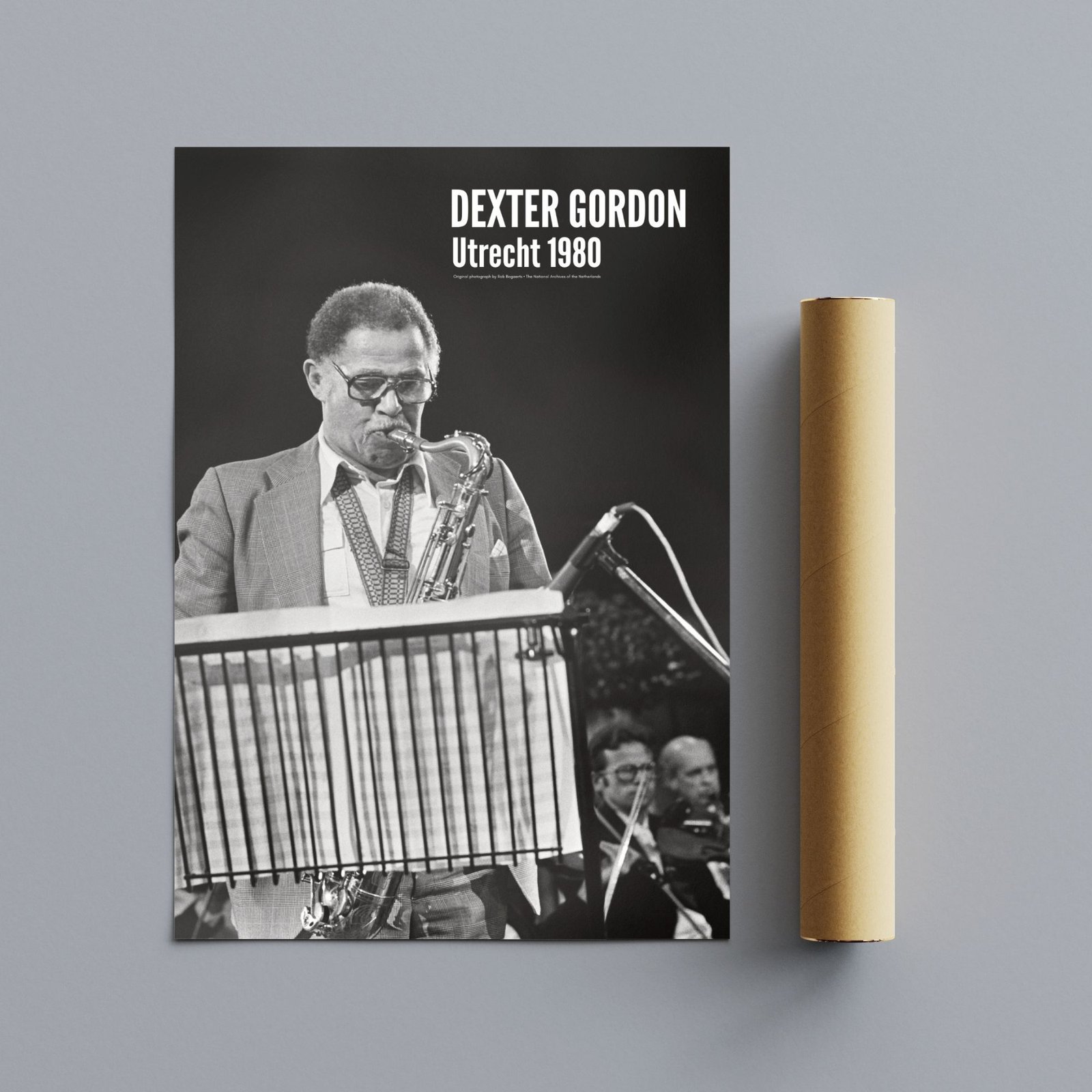 Poster of saxophonist in concert, Utrecht 1980.