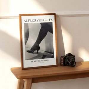 Framed artwork and vintage camera on wooden shelf.