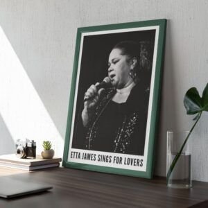 Framed poster of singer performing on stage.