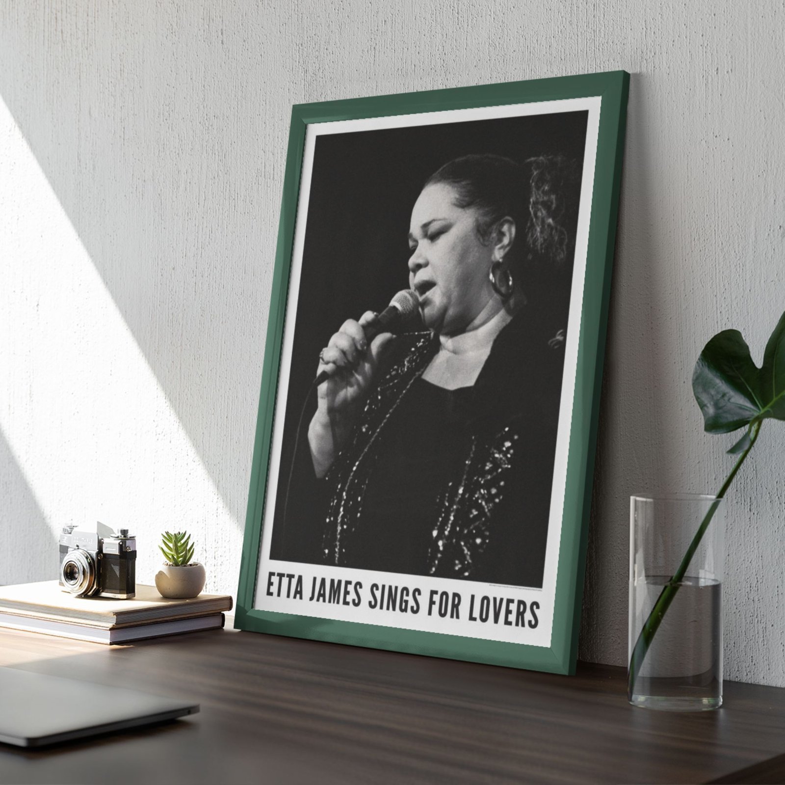 Framed poster of singer performing on stage.