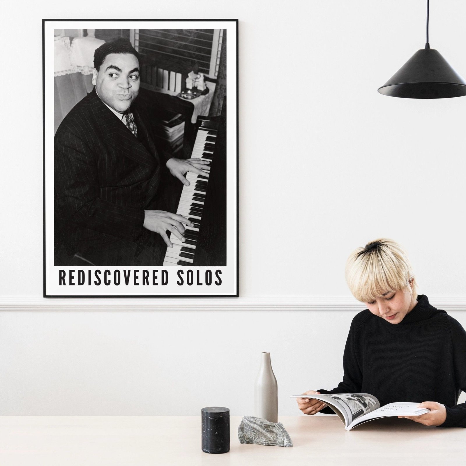 Woman reading near piano poster, Rediscovered Solos.