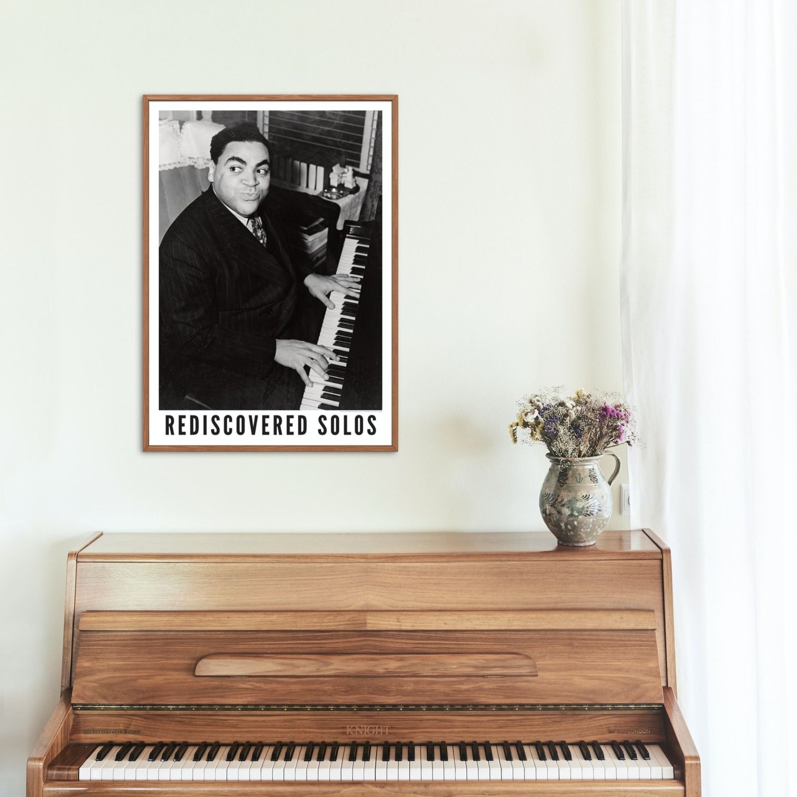 Poster of pianist with rediscovered solos above piano.