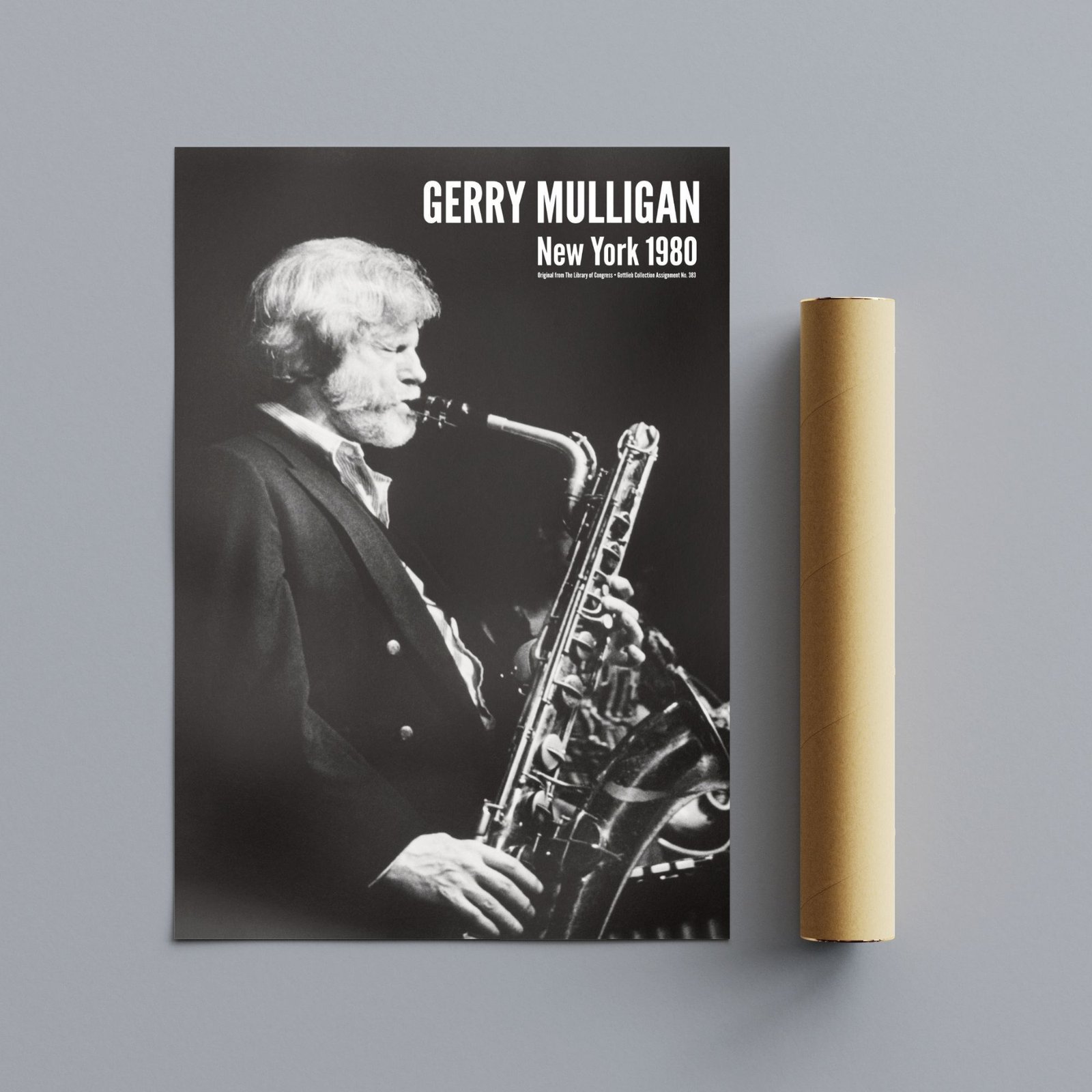Black-and-white poster of saxophonist from 1980 concert.