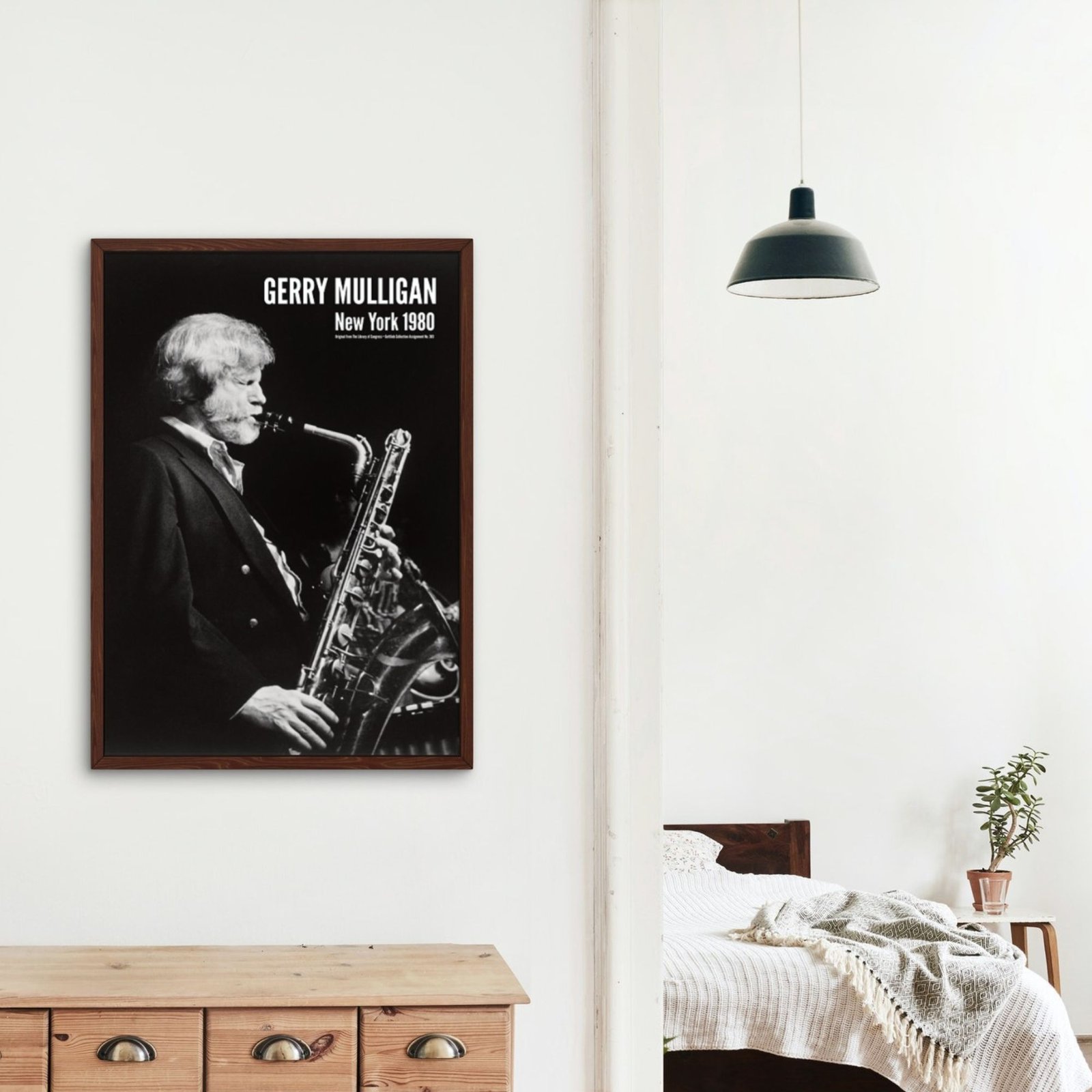 Saxophone player poster on bedroom wall
