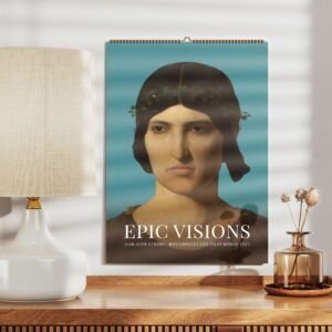 Epic Visions calendar on wooden table with lamp.