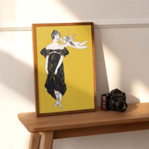 Art print with woman and cherub on table.