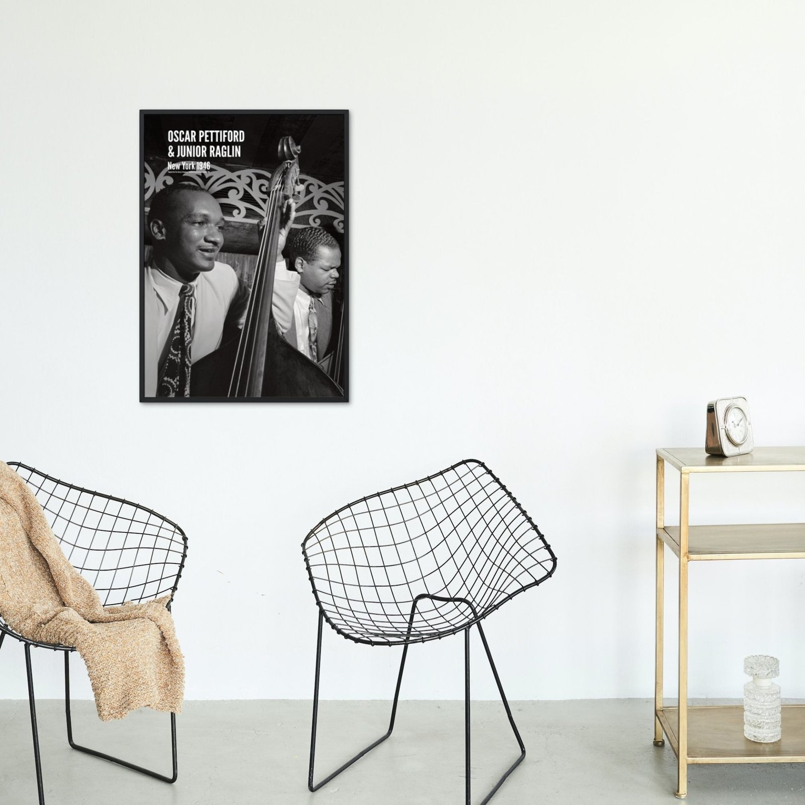 Modern room with jazz musician photo on wall.