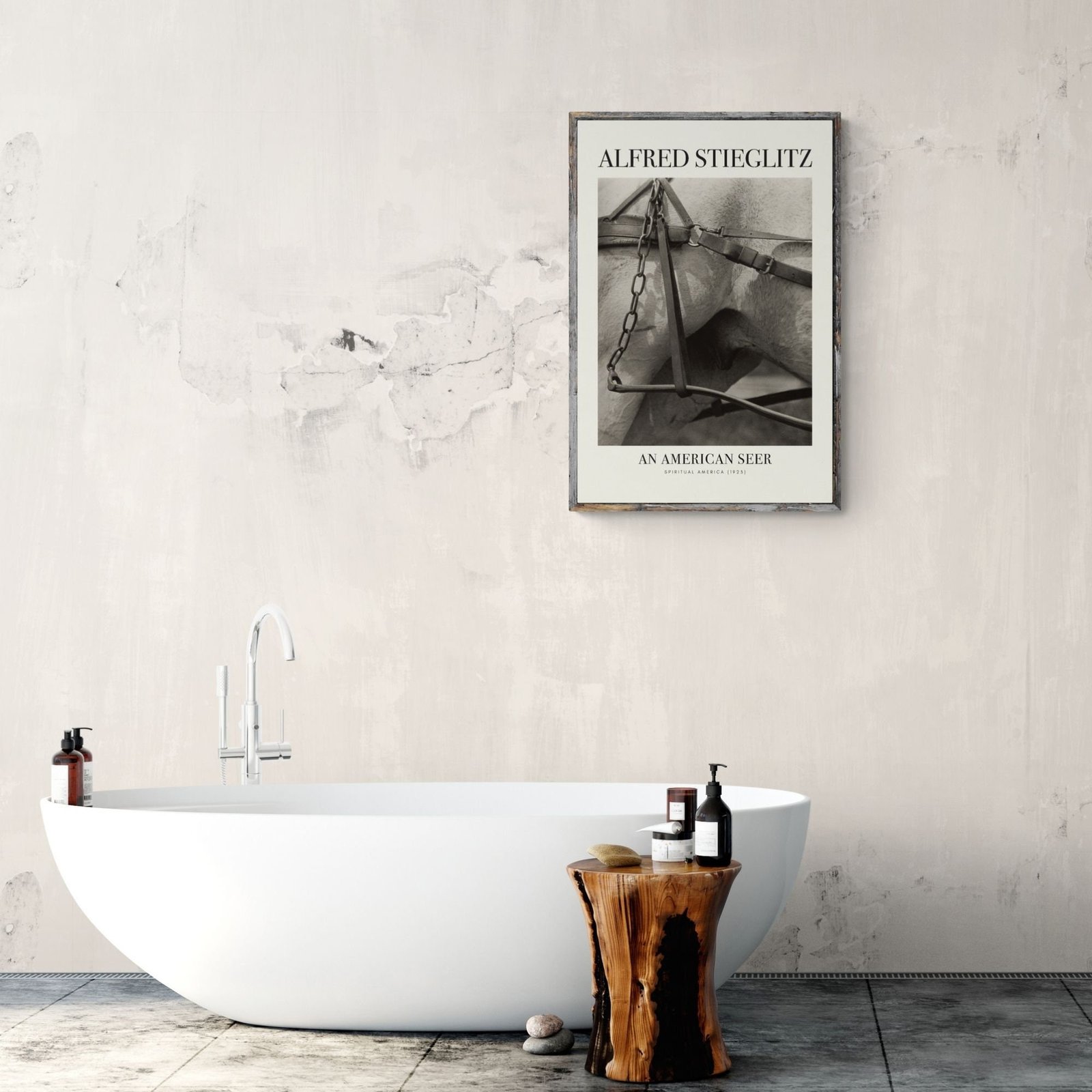 Modern bathroom with artwork on wall.