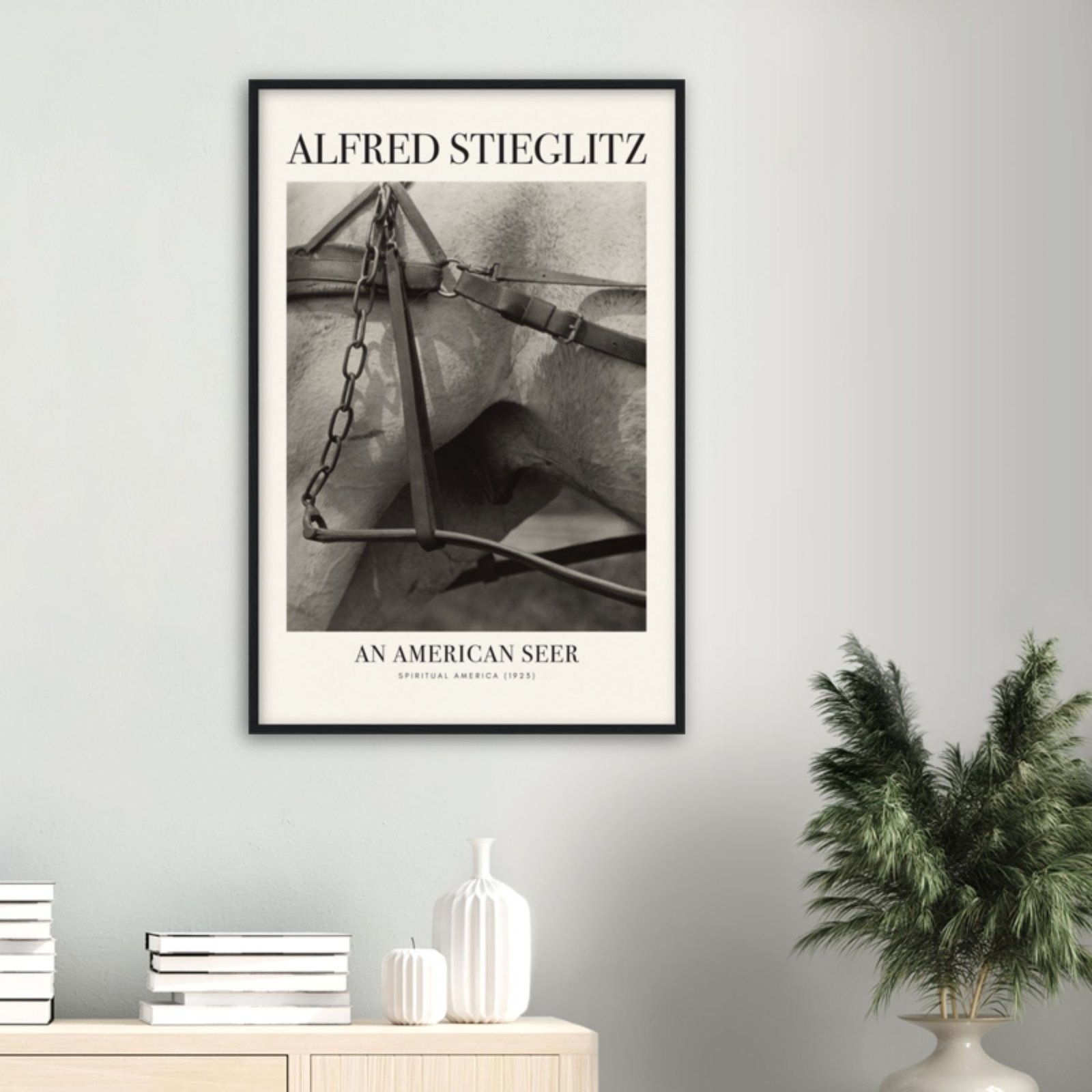 Alfred Stieglitz poster on modern living room wall.
