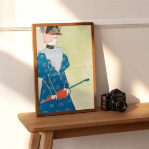 Framed vintage artwork on wooden shelf with camera.