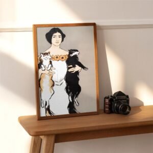 Framed artwork of woman holding two cats on table.