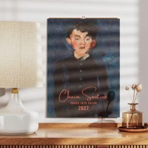 Chaim Soutine poster on wooden table with lamp.