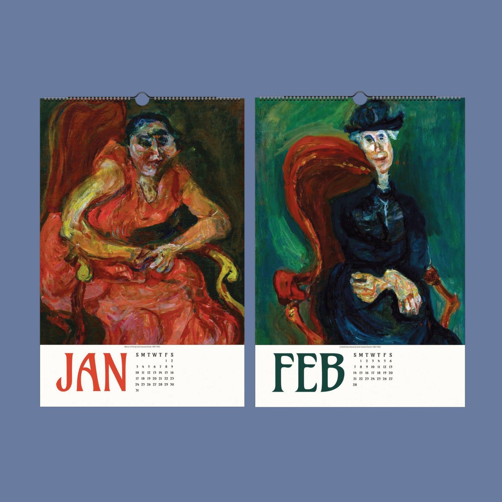Colorful calendar paintings for January and February.