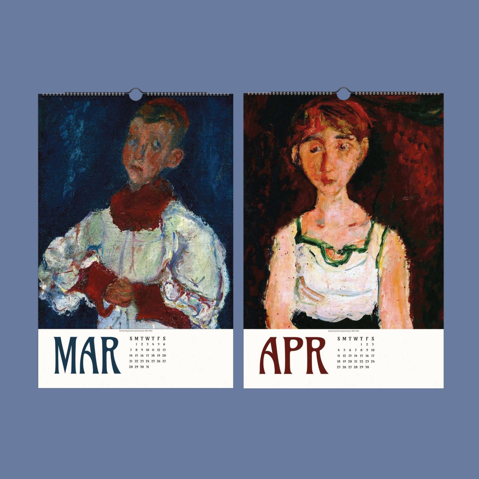 March and April calendar pages with portrait paintings.