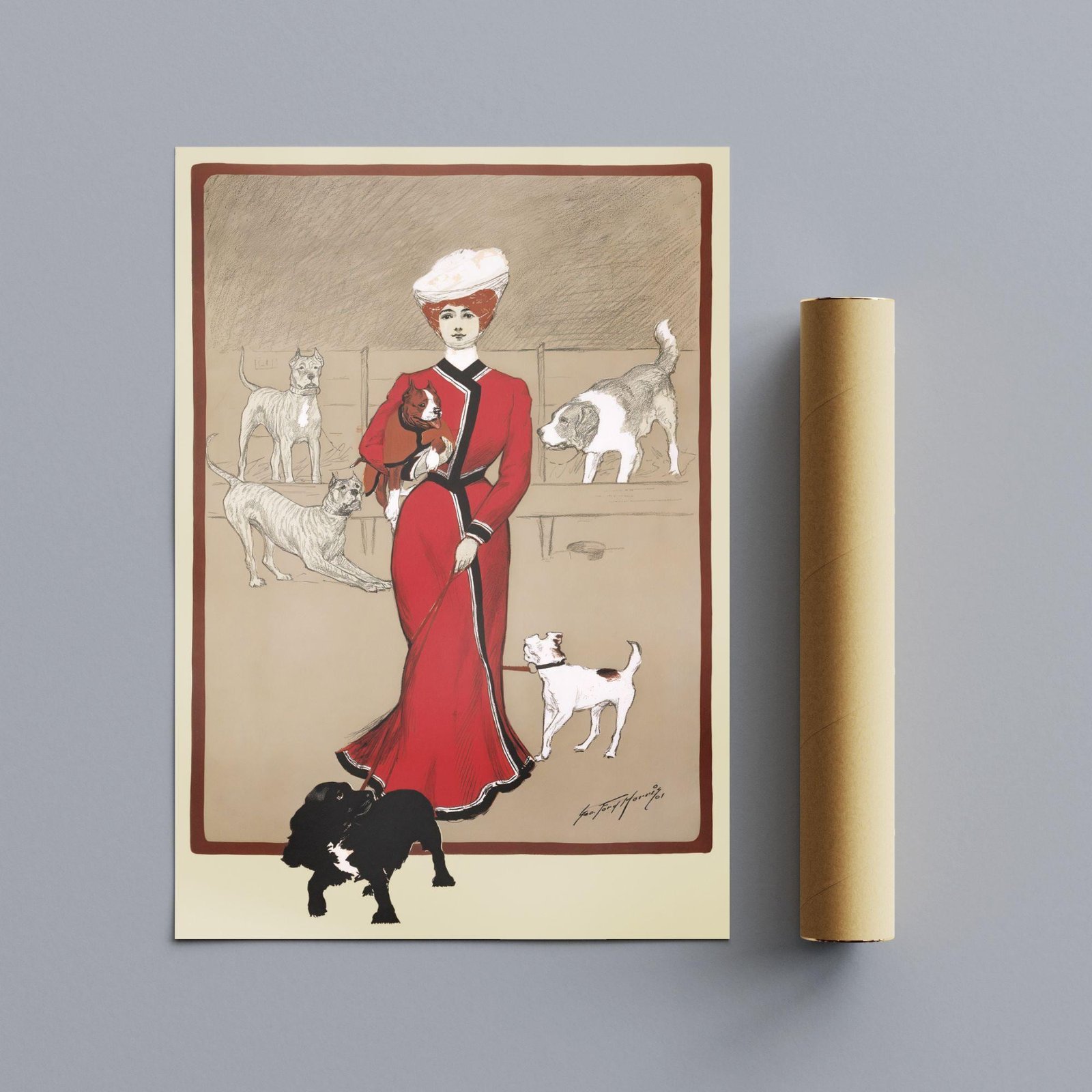 Elegant woman in red with dogs illustration.