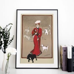 Woman in red dress with dogs illustration.