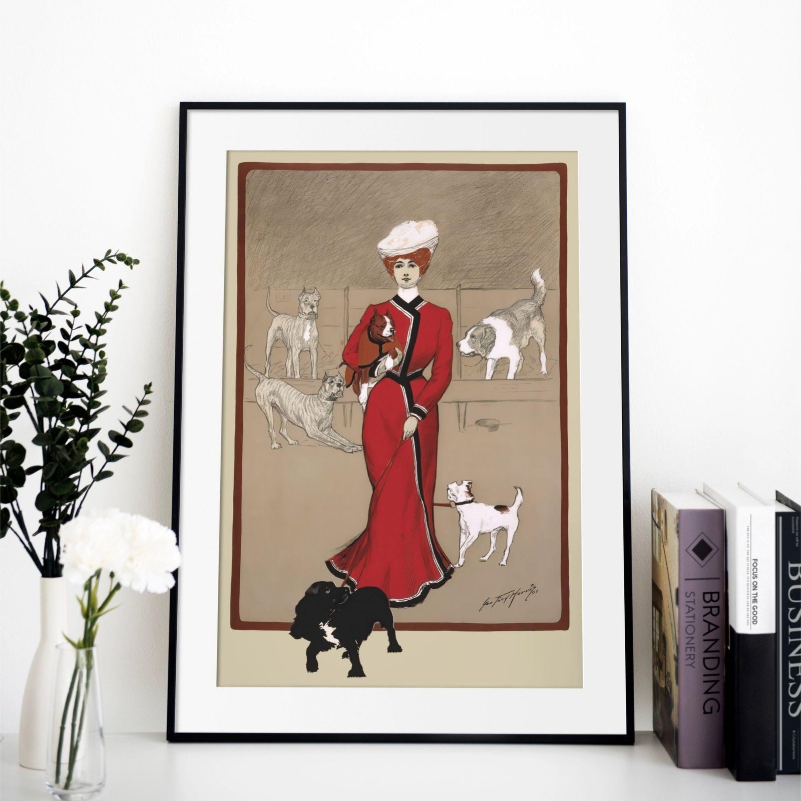 Woman in red dress with dogs illustration.