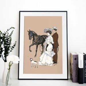 Vintage illustration of couple with horse and dog.
