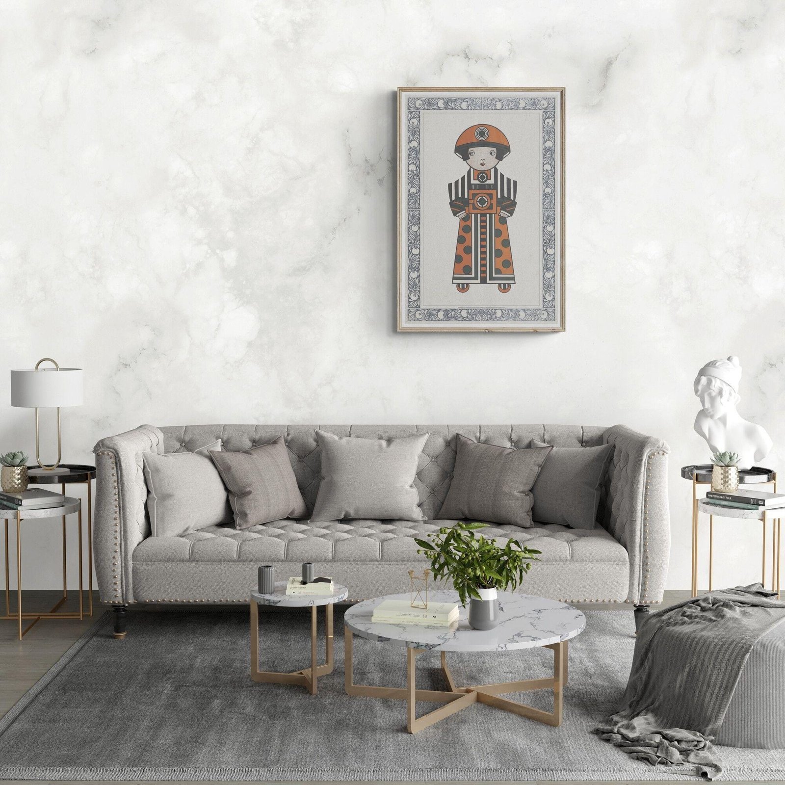 Modern living room with elegant decor and artwork.