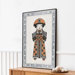 Framed geometric artwork of stylized figure on shelf.