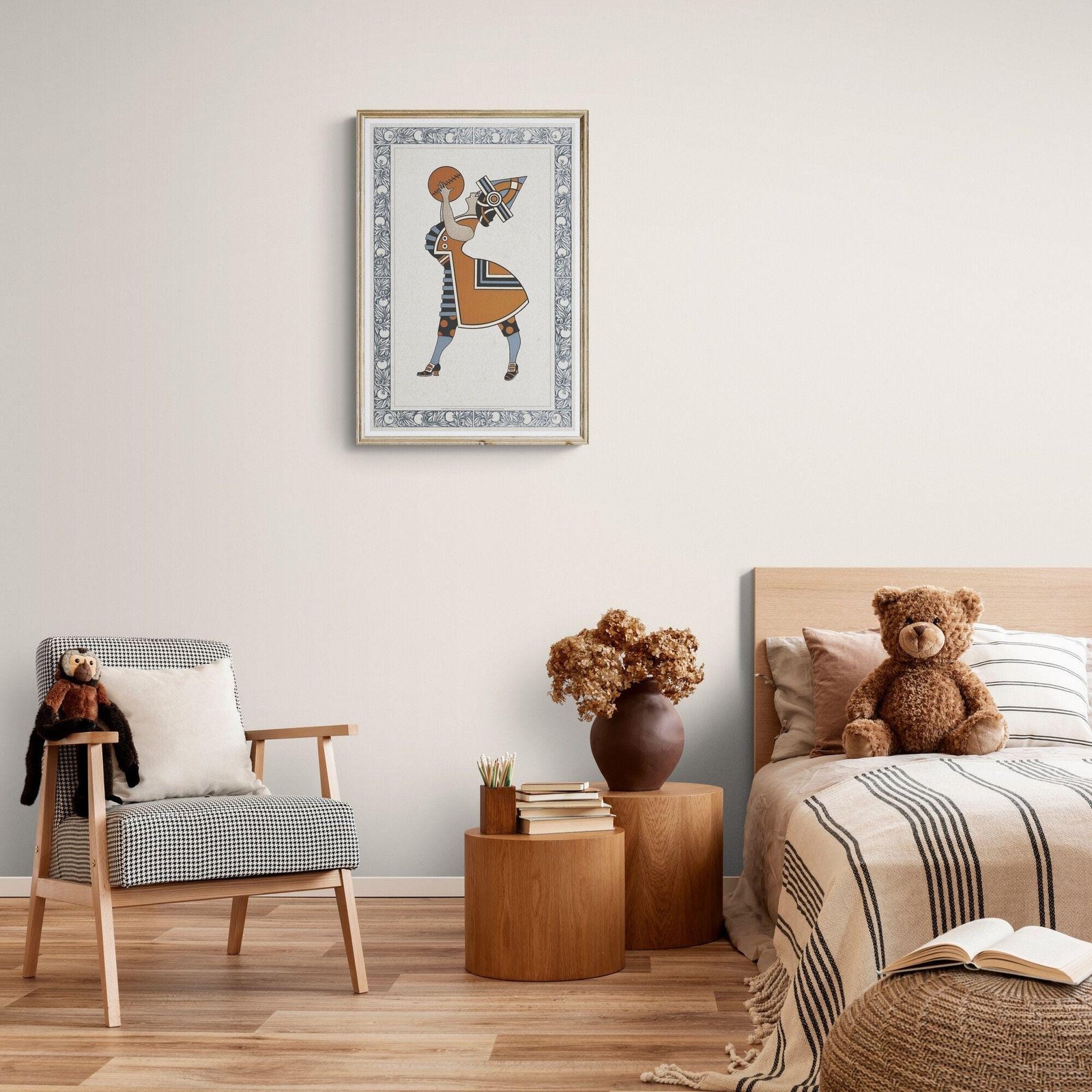 Cozy bedroom with artwork and teddy bears.