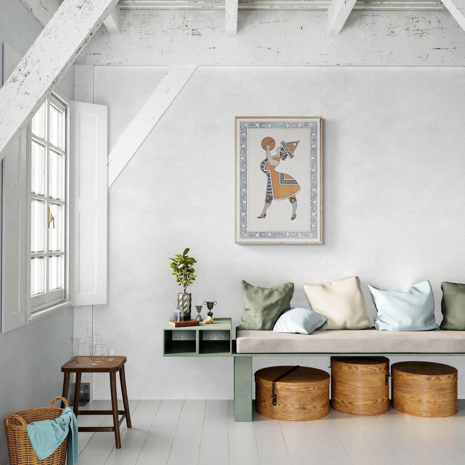 Cozy living room with art and comfortable seating.