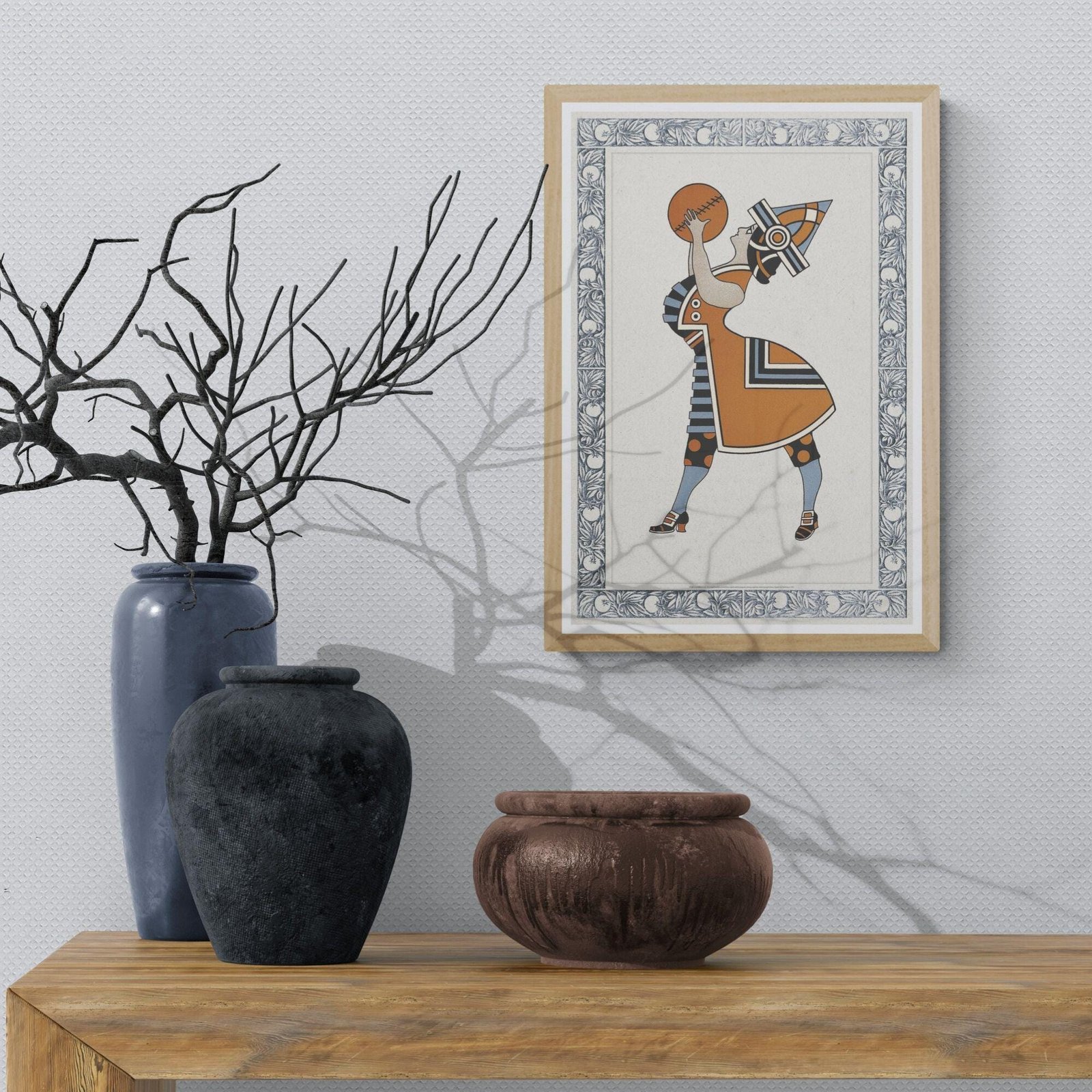 Abstract art with decorative vases on table.