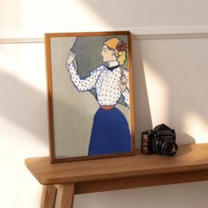 Framed vintage art of woman with umbrella on shelf.