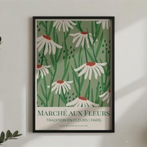 Poster with white daisies on green background