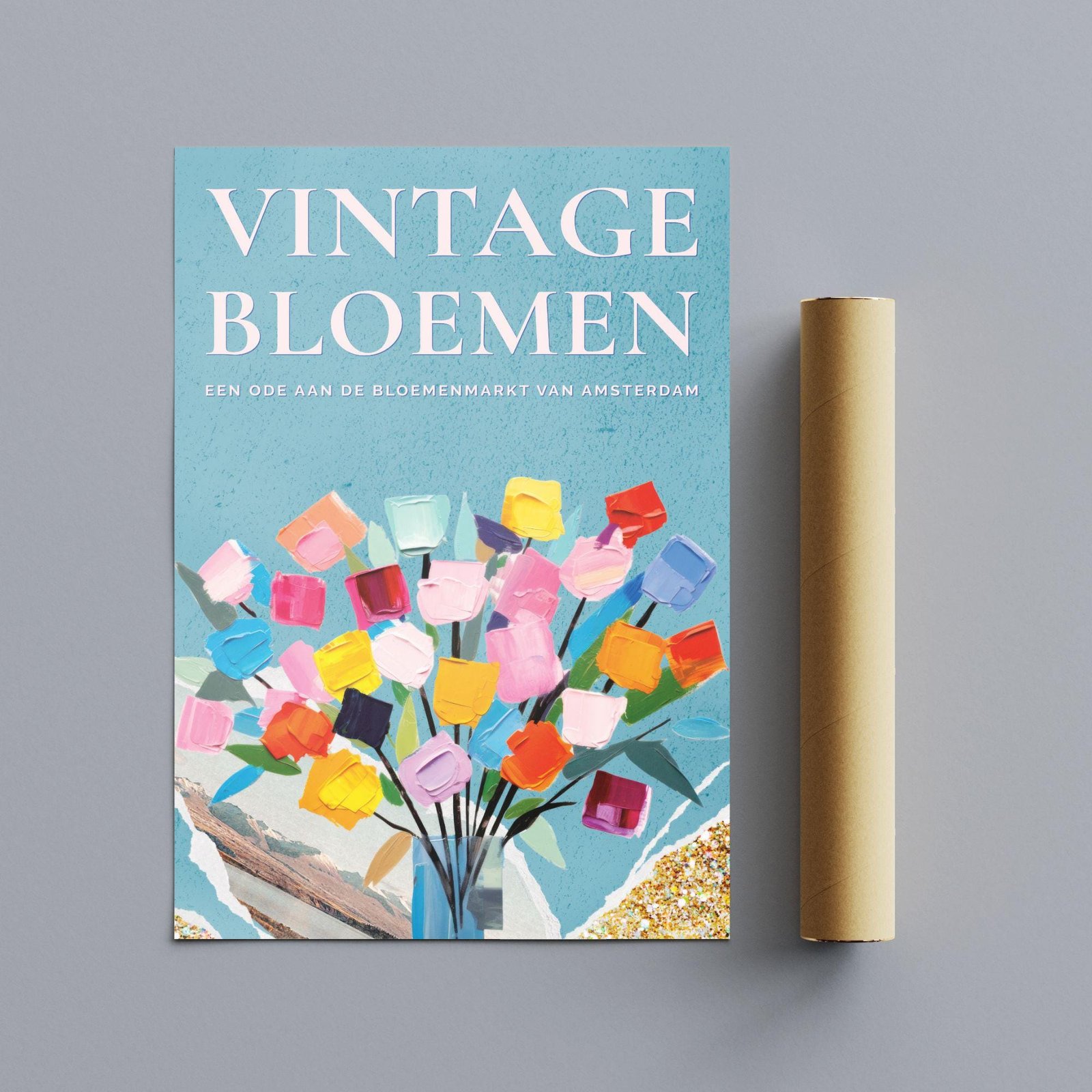 Colorful tulip bouquet poster with rolled paper tube.