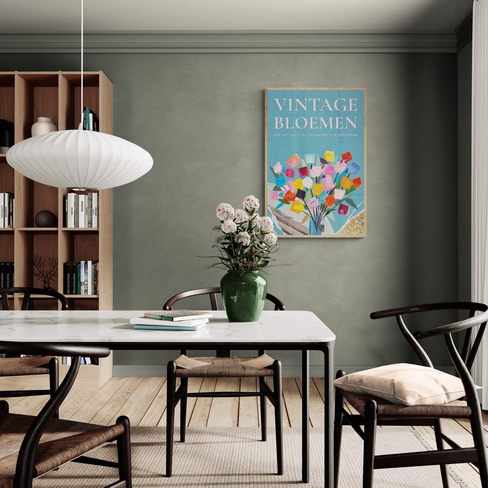 Modern dining room with flowers and vintage poster.