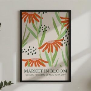 Market in Bloom poster with orange flowers.
