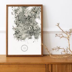 Framed abstract artwork with nature theme on table.