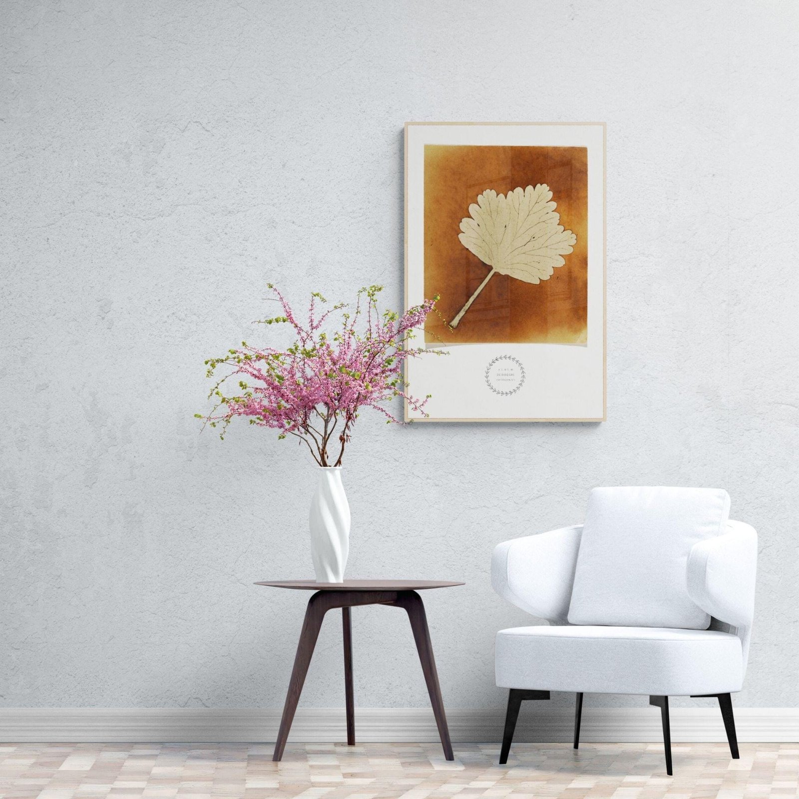 Modern living room with chair and floral decor.