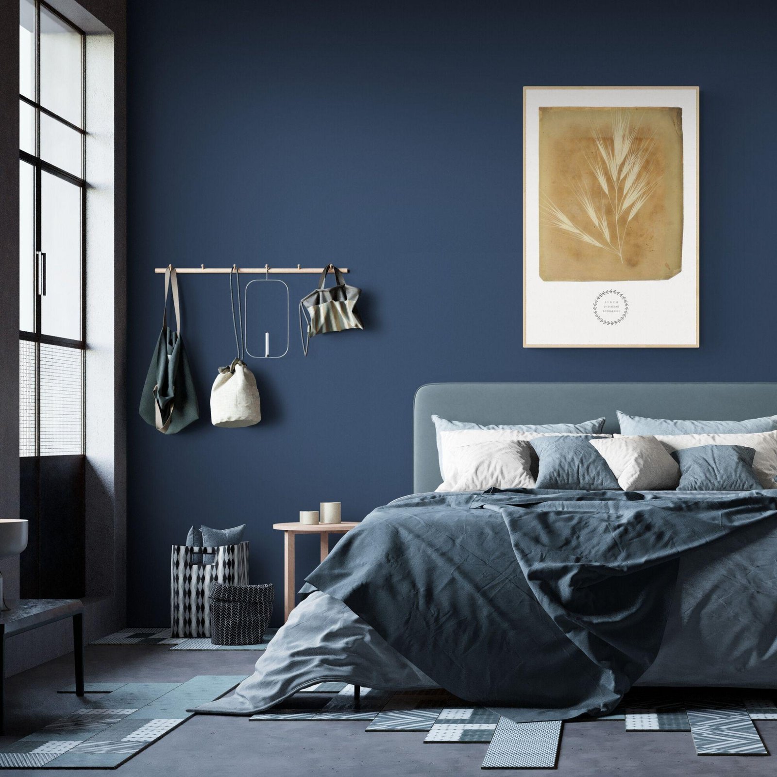 Stylish bedroom with modern decor and blue tones.