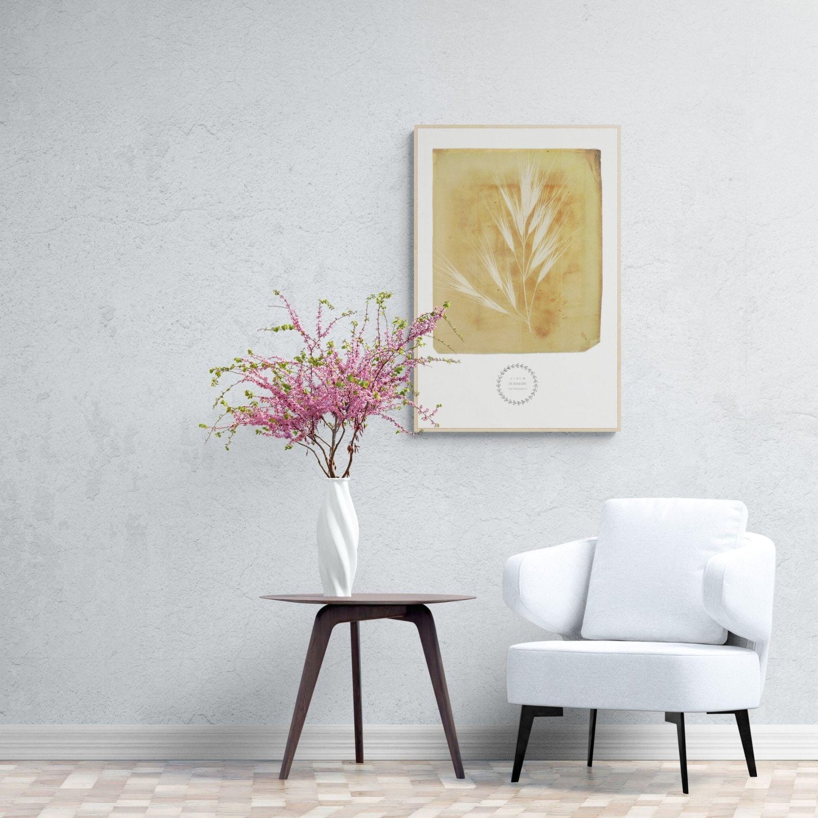 Minimalist room with chair, table, and flower vase.