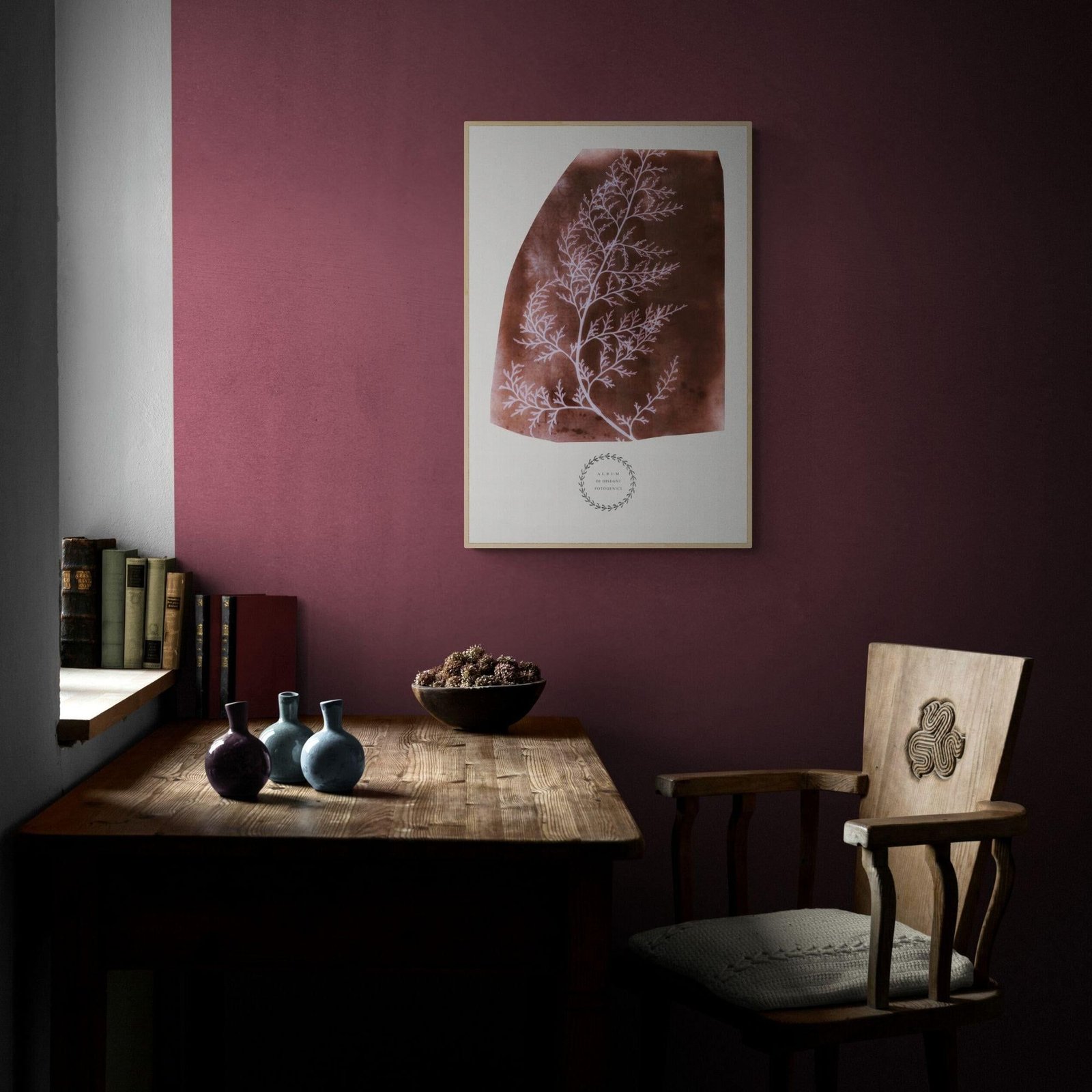 Cozy study with rustic decor and artwork.