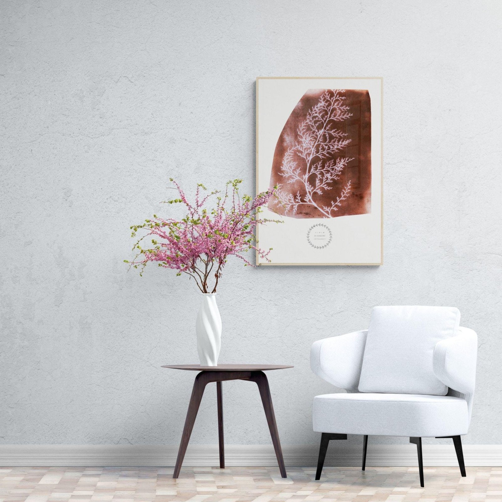 Minimalist interior with chair, table, and wall art.