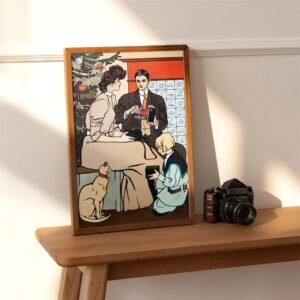 Framed vintage family illustration beside vintage camera.