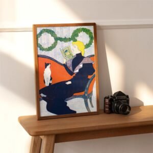 Artwork of woman reading with cat