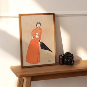 Framed art and camera on wooden shelf.