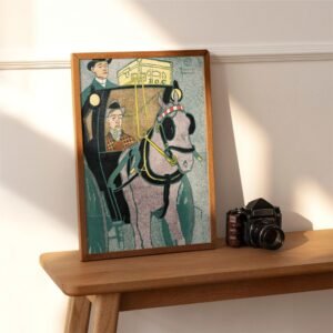 Framed artwork of horse and carriage next to camera.