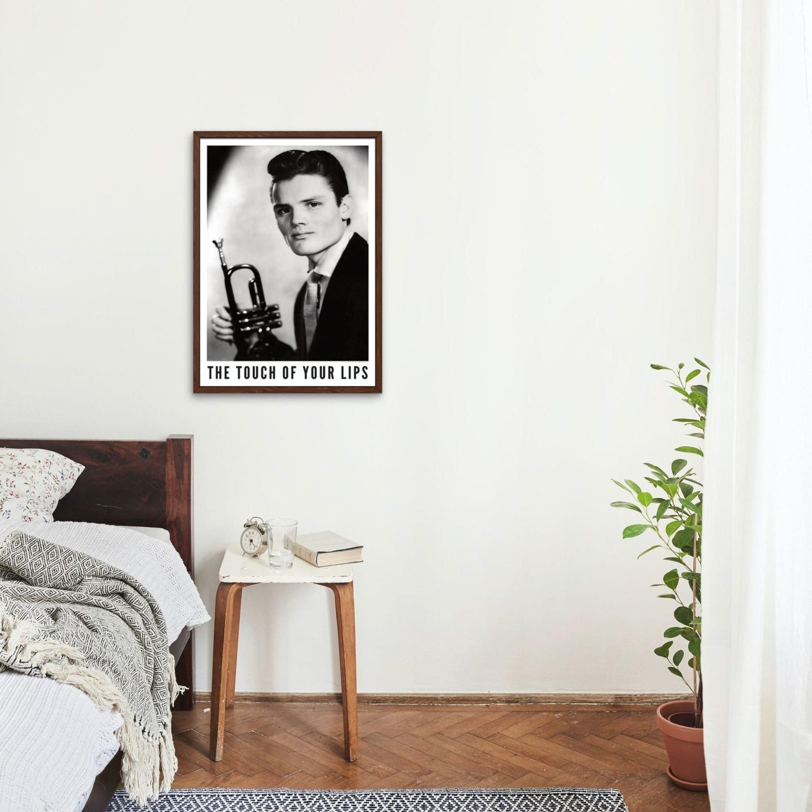 Bedroom wall art with trumpet player poster.