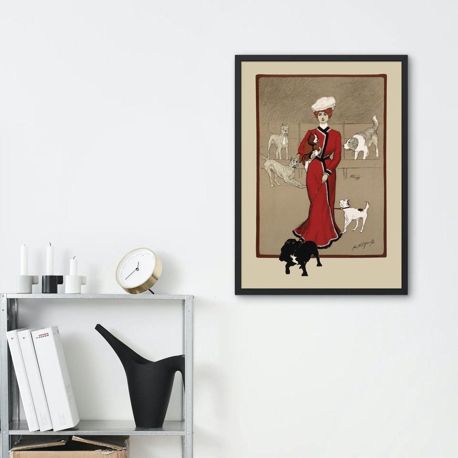 Decorative art of woman with dogs, elegant setting.