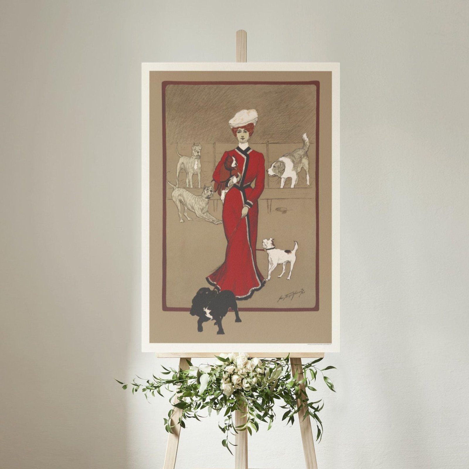 Painting of woman and dogs on easel with flowers.