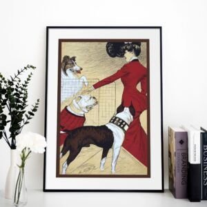 Framed vintage dog illustration with woman, elegant decor.