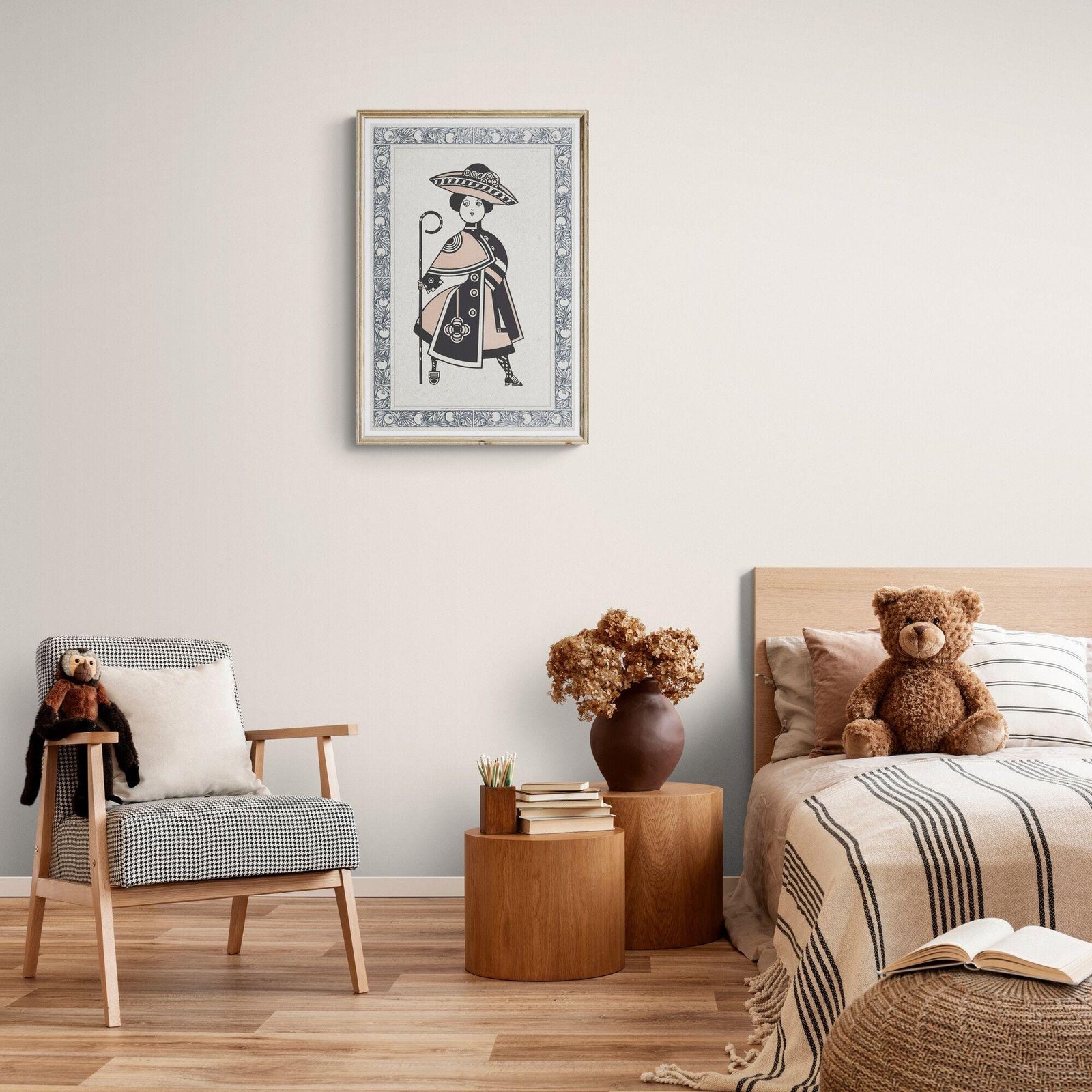 Cozy bedroom with framed art and teddy bears.