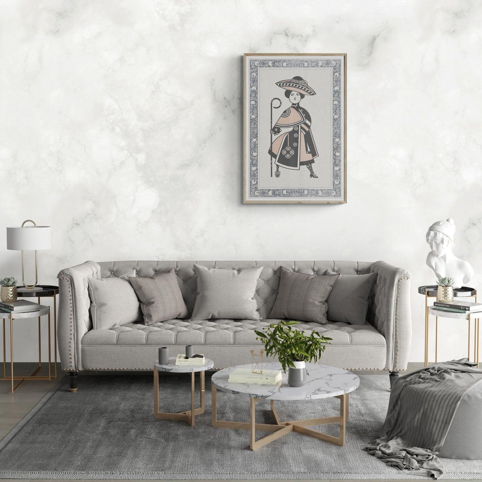 Elegant living room with grey sofa and artwork.