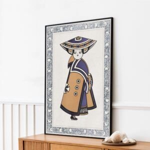 Decorative framed art of geometric figure on wall.