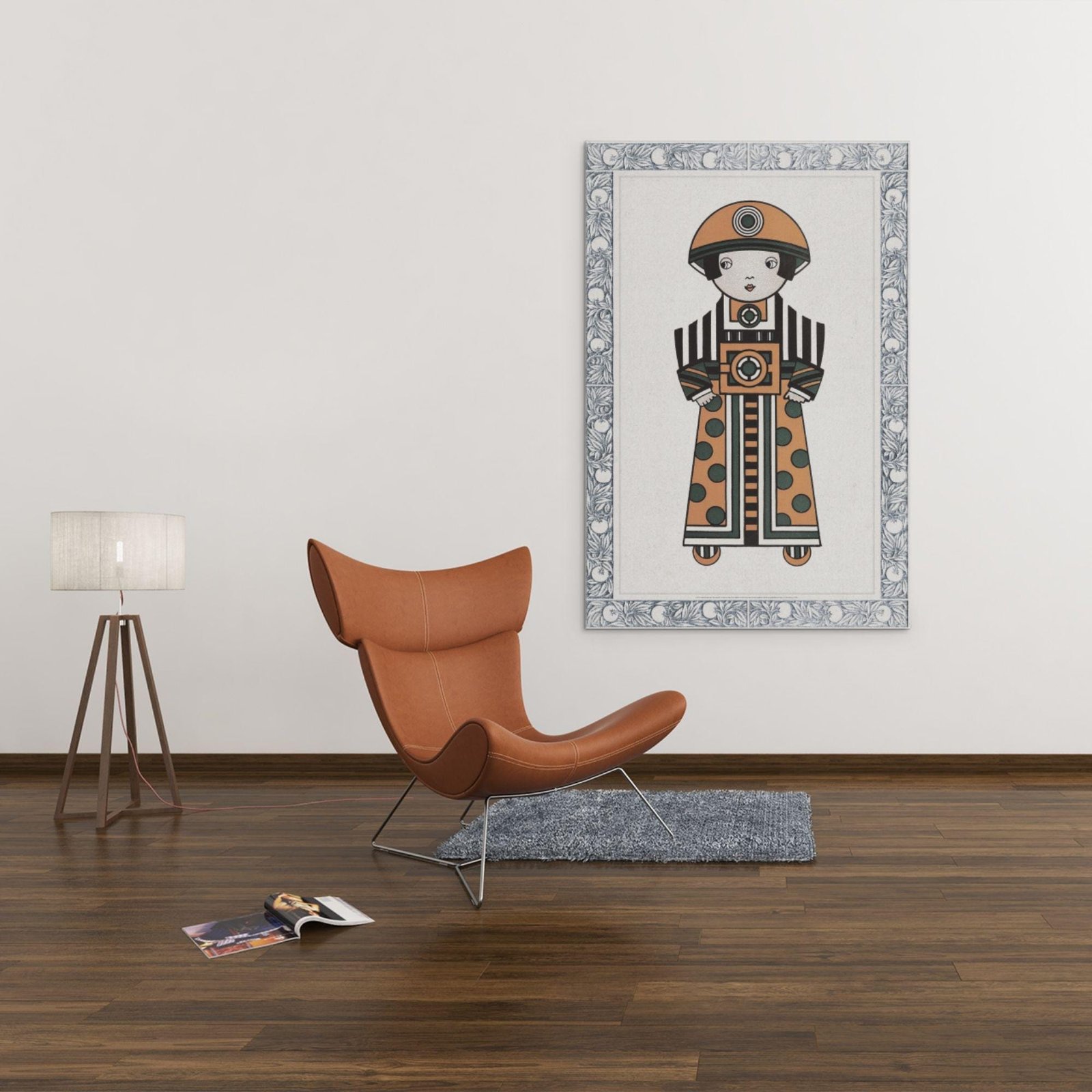 Modern chair, lamp, and artistic wall painting in room.